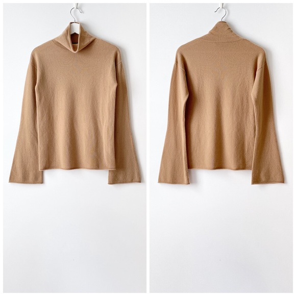 theory cashmere bell sleeve mock neck sweater in camel, size small - Picture 2 of 11
